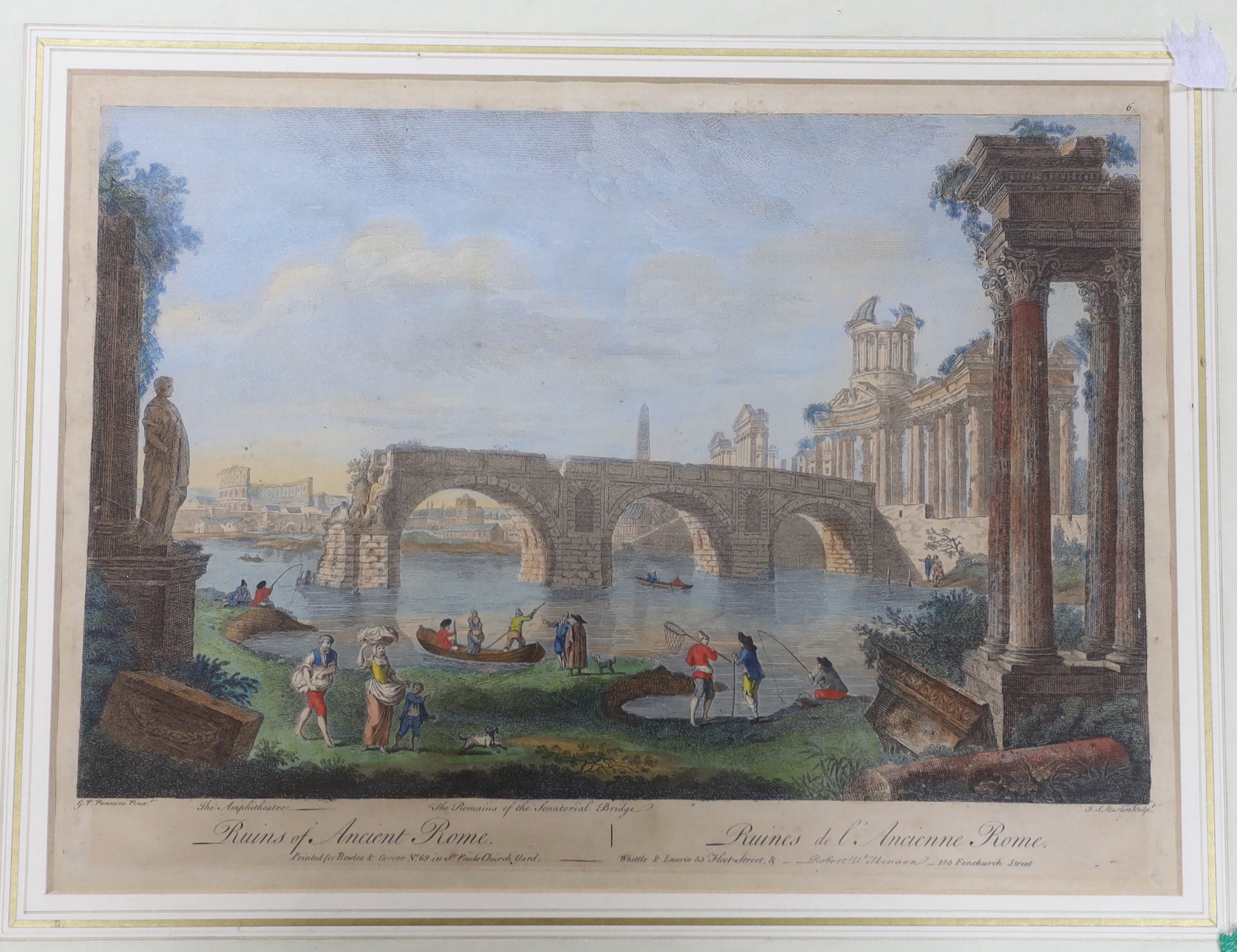 After Giovanni Paolo Panini (Italian, 1691-1765), four hand coloured engravings, Views of Ancient Rome, publ. Whittle & Laurie, 29 x 40cm